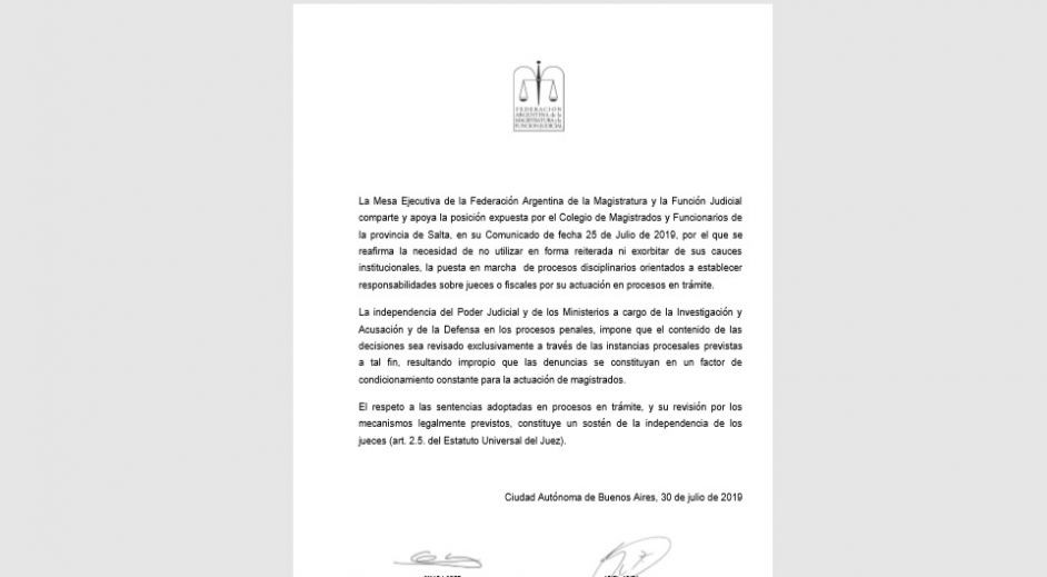 FAM respalda al Colegio de Salta en defensa de la Independencia Judicial